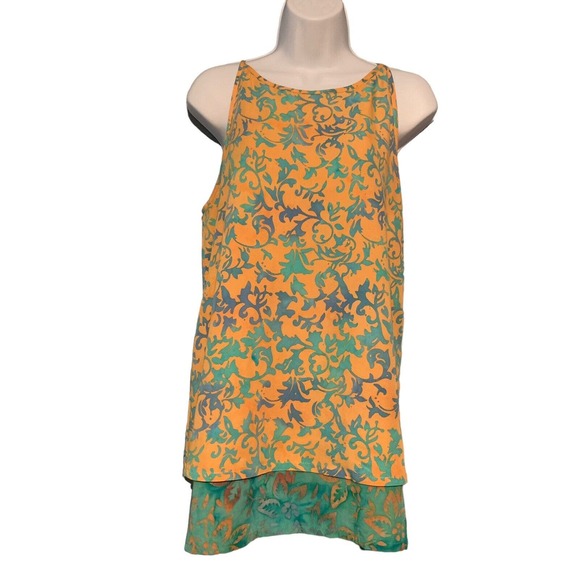 Go Fish Medium Mini Dress Layered Tank Sleeveless Watercolor Tropical Green Gold - Picture 1 of 9